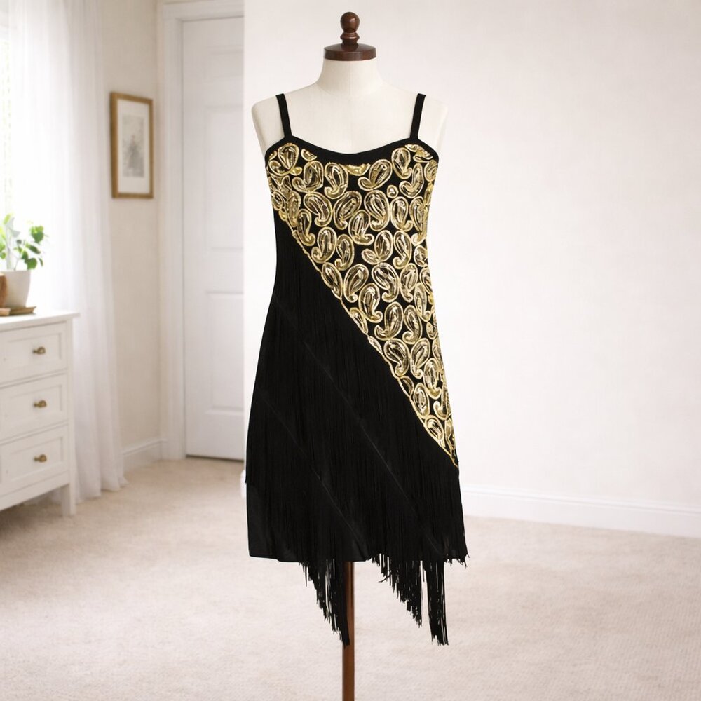 Black Gold Sequin Fringe Holiday Dress M